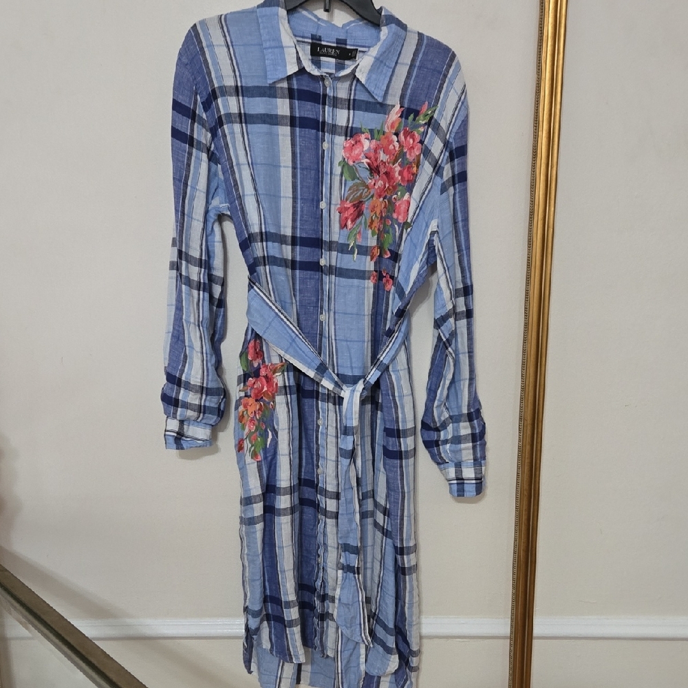 Ralph Lauren Blue Plaid Dress with Floral Accents